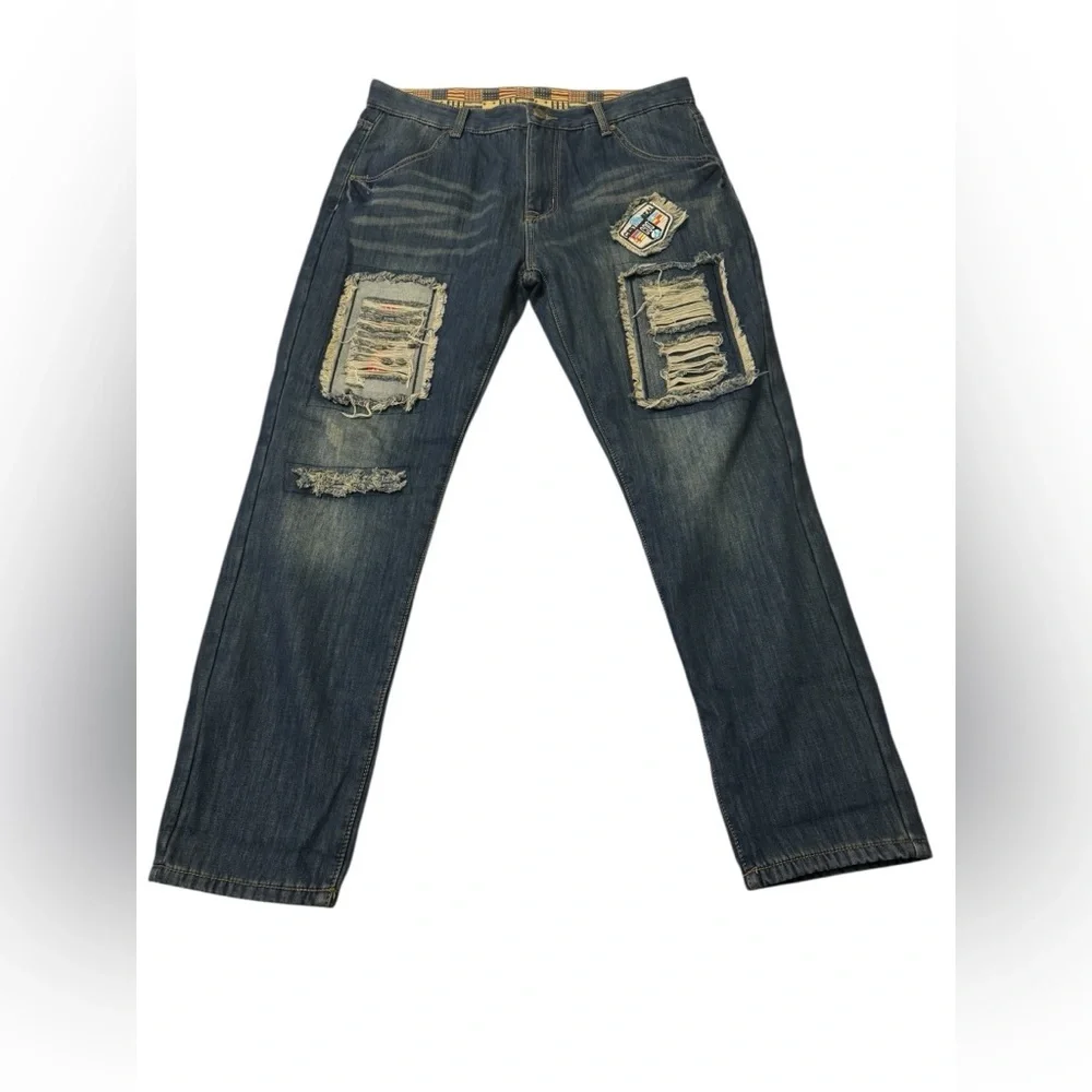 Men’s Distressed Patchwork Jeans Size 36 | Ripped Denim | Streetwear